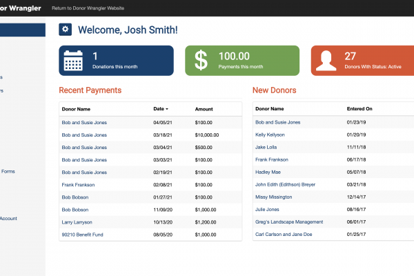 Screenshot of the Donor Wrangler dashboard