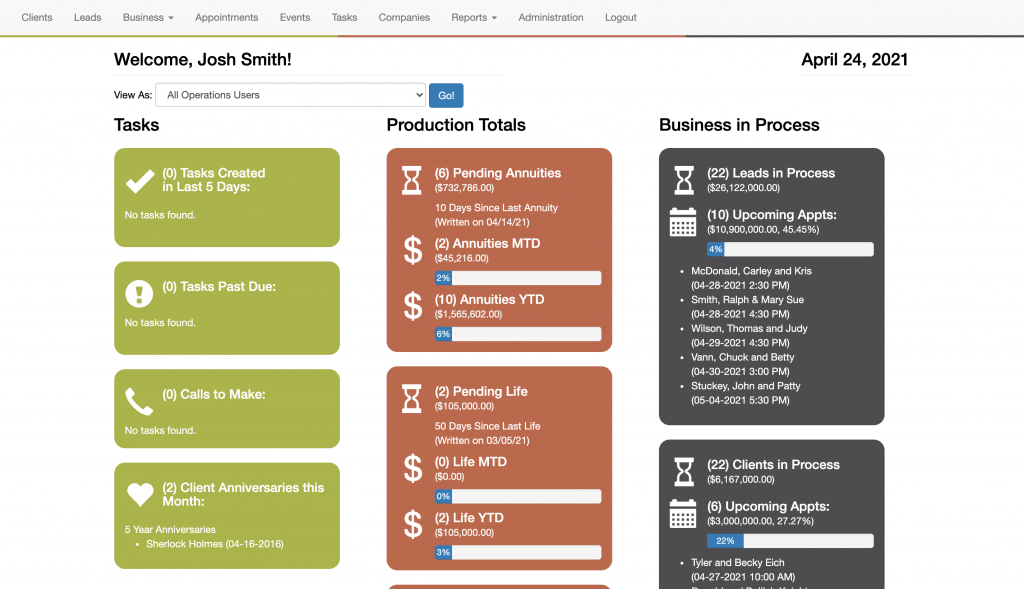 A screenshot of the financial services CRM
