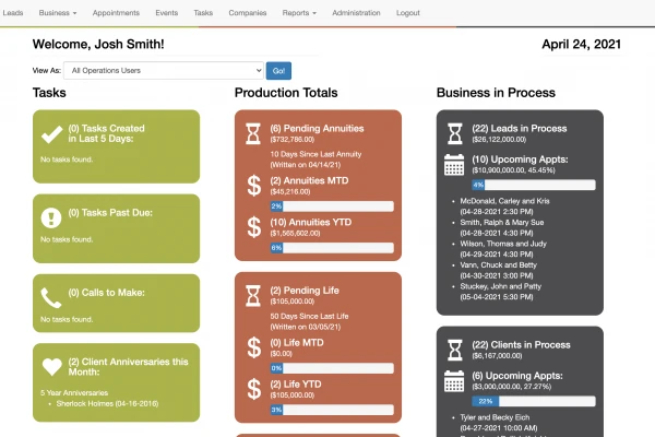 A screenshot of the financial services CRM